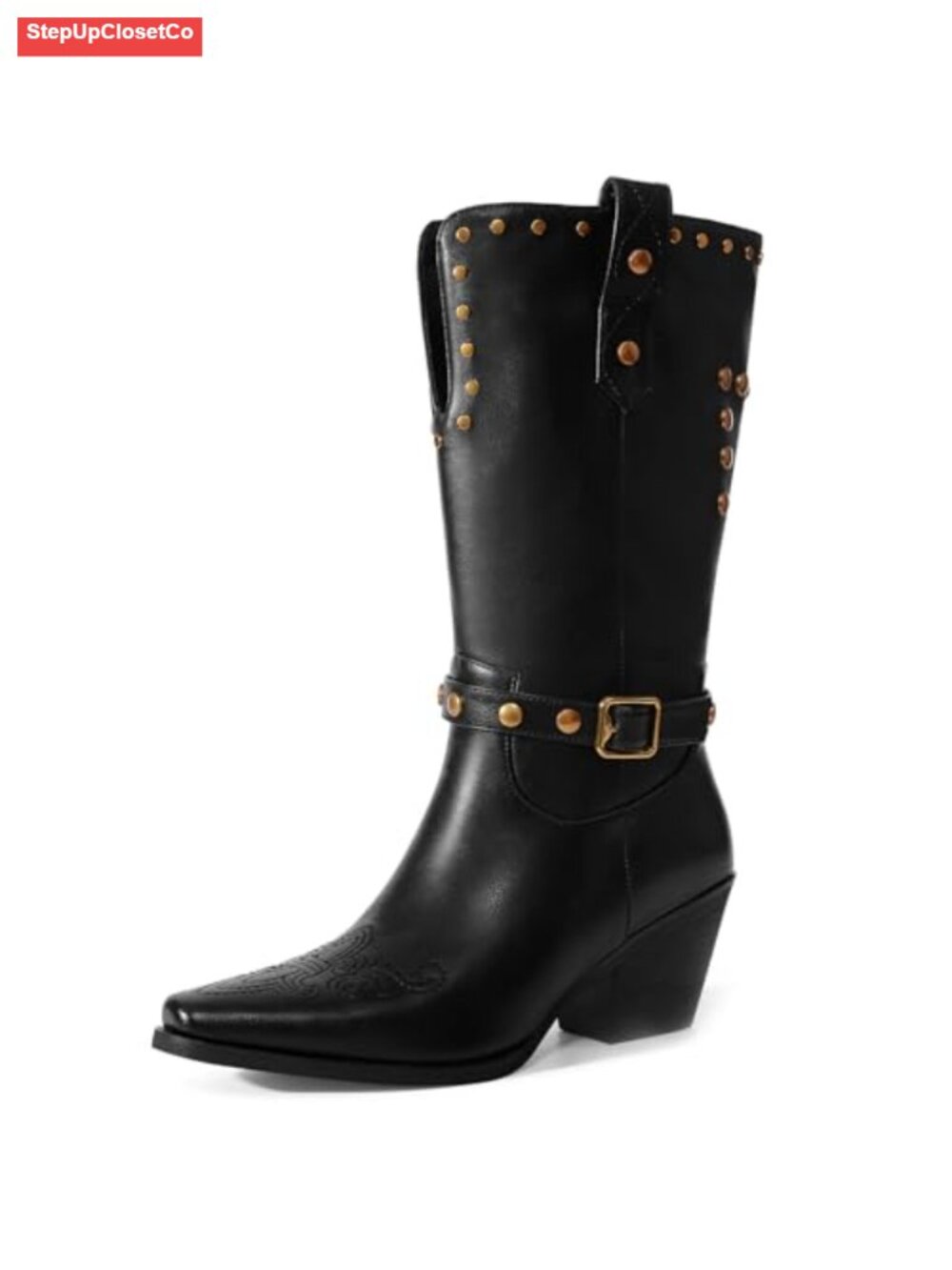 Wide Calf Cowboy Boots Faux Leather Block Heel Square Toe Riding Boots